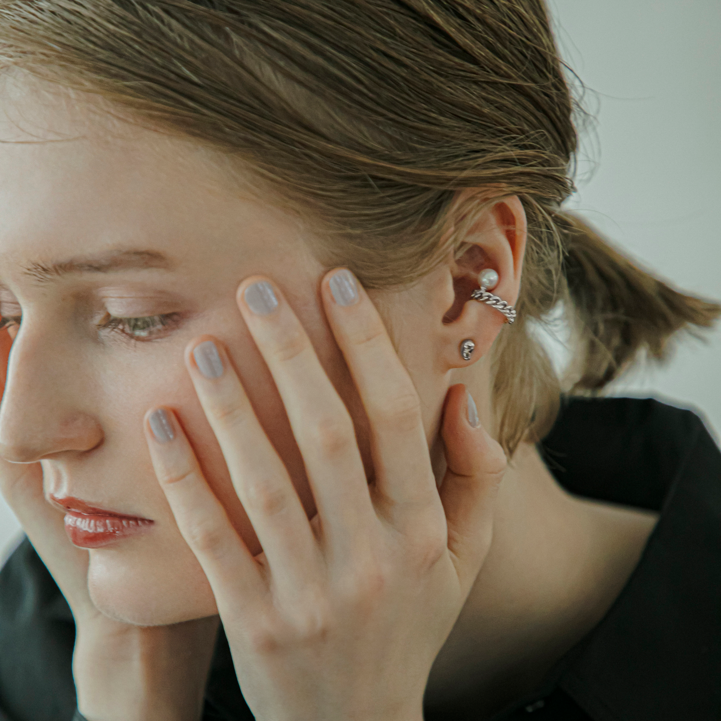 【link】カットチェーン＆パールイヤーカフ silver