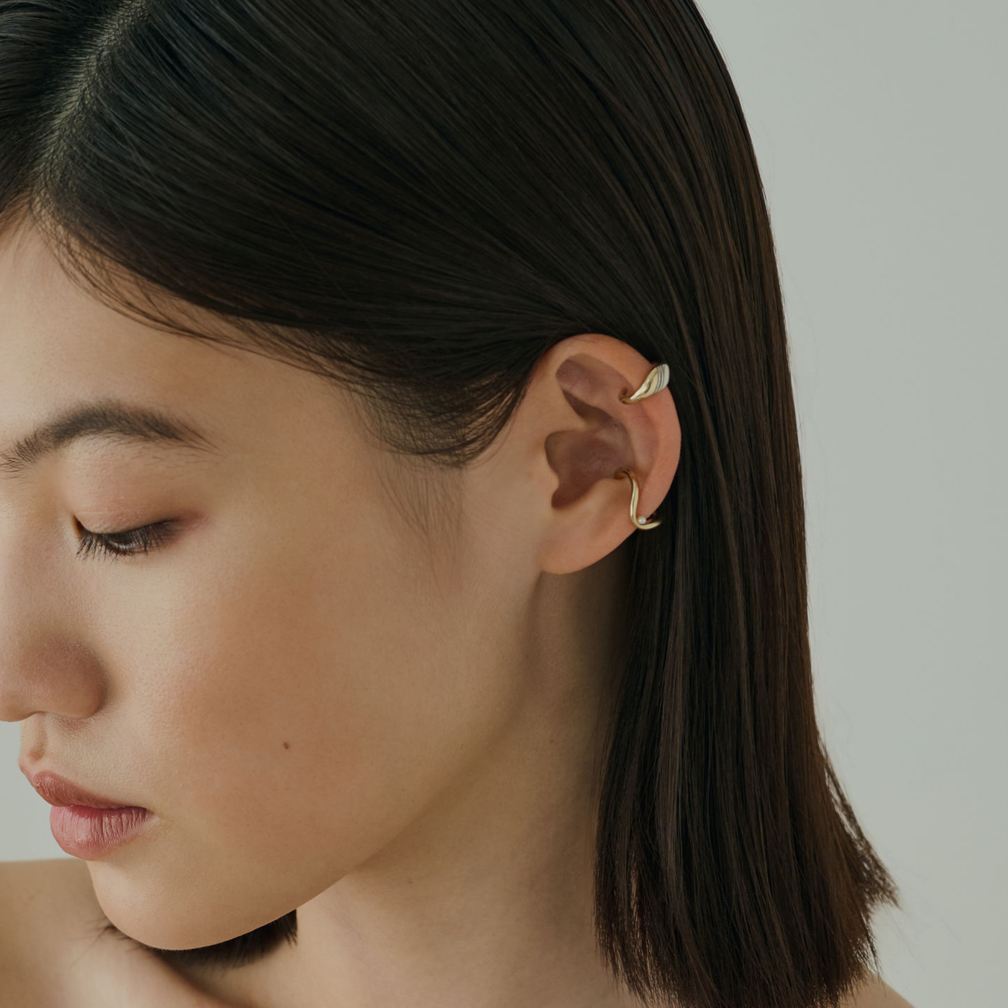 [Horizon] Wave & Petite Pearl Ear Cuff Gold